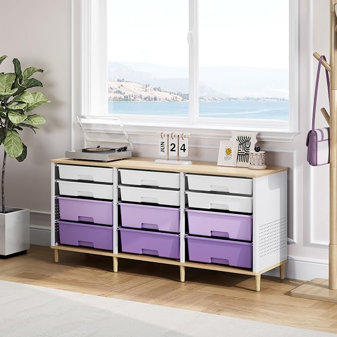 TOOLF 12 Drawers Storage Cabinet with Wooden Top and Plastic Bins,Purple | Toy Shelf Storage Chest Cubby Organizer, for Home, Office, Playroom, Classroom & Craft Room