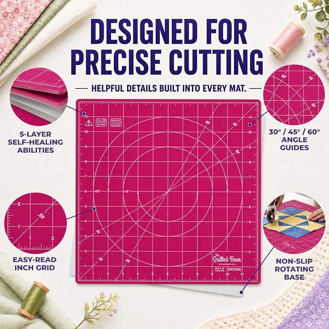 The Quilted Bear Rotating Cutting Mat 18" x 18" - Square 360° Rotating Self Healing Mat with Innovative Locking Mechanism for Quilting & Sewing Your Choice of Colours Available! (Pink)