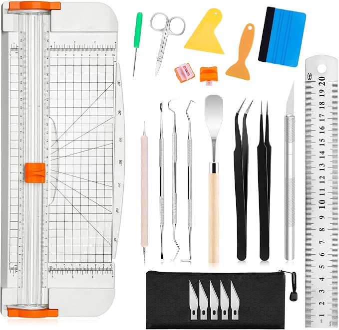Famomatk 23PCS Weeding Tools for Vinyl, Craft Weeding Tools Set with 12Inch Paper Cutter and Trimmer for Scrapbooking,Silhouettes,Cameos,Lettering,Cutting,Craft Paper, Labels and Cardstock(White)