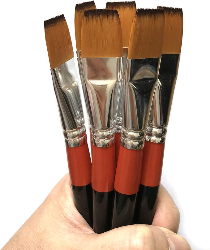 3/4 Inch Flat Bright Paint Brush Set of 6, Premium Taklon Synthetic Hair | No Shedding Bristles for Acrylic Watercolor Oil Gouache Tempera Enamel Ink Painting for Students, Professionals & Artists