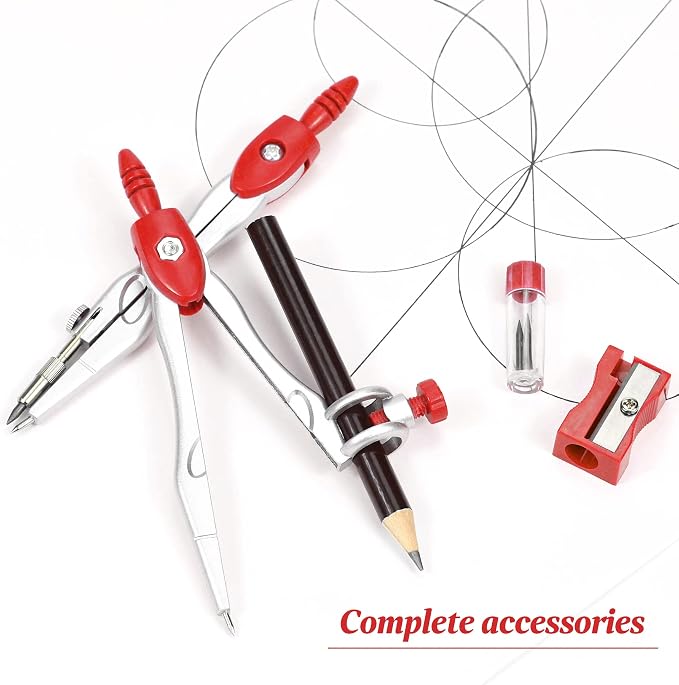 Unjoo Math Geometry Set 10 Pcs, Compass and Protractor for Students (Red | Shatterproof Storage Box,Rulers,Protractor,Compass,Eraser,Pencil Sharpener,Lead Refills,Pencil,for Classroom, Back to School