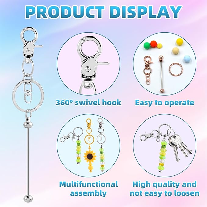 40 Pcs Beadable Keychains Bulk Kit – DIY Keychain Making Supplies with Metal Blanks for Crafts, Jewelry, Charms, Custom Projects – Blank Chain Bars for Beaded Keychain Design (Multicolor)
