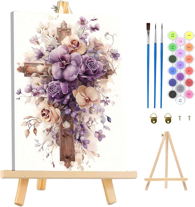 MAXBYE Framed Paint by Numbers Kits for Adults, Cross Flowers Paint by Numbers Kit for Adults with Wooden Easel, Easy DIY Oil Painitings Kits with Tools for Beginners Gift Home Wall Decor 10×14 Inch