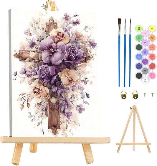 MAXBYE Framed Paint by Numbers Kits for Adults, Cross Flowers Paint by Numbers Kit for Adults with Wooden Easel, Easy DIY Oil Painitings Kits with Tools for Beginners Gift Home Wall Decor 10×14 Inch