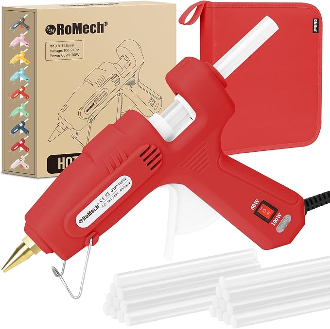 RoMech 60/100W Dual Temp Hot Glue Gun and Sticks Set, Full Size with Case