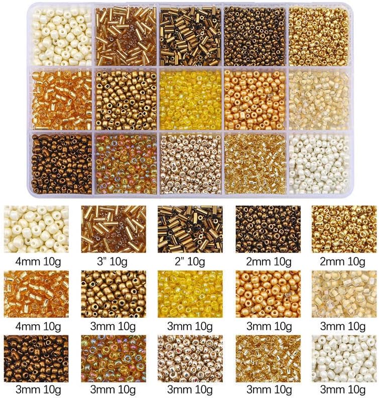 15 Grid Gold Glass Seed Bugle & Tube Beads Kit for Jewelry Making DIY Craft