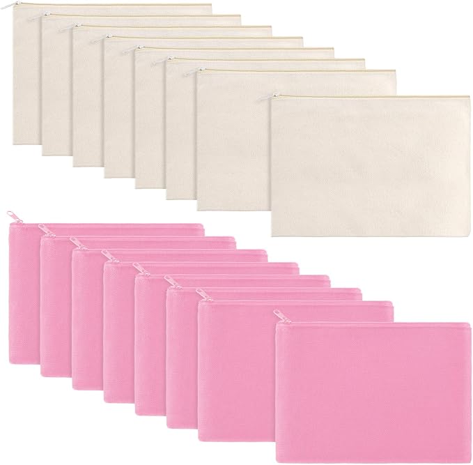 meekoo 16 Pcs Blank Canvas Zipper Pouch Makeup Bag,L;Beige and Pink
