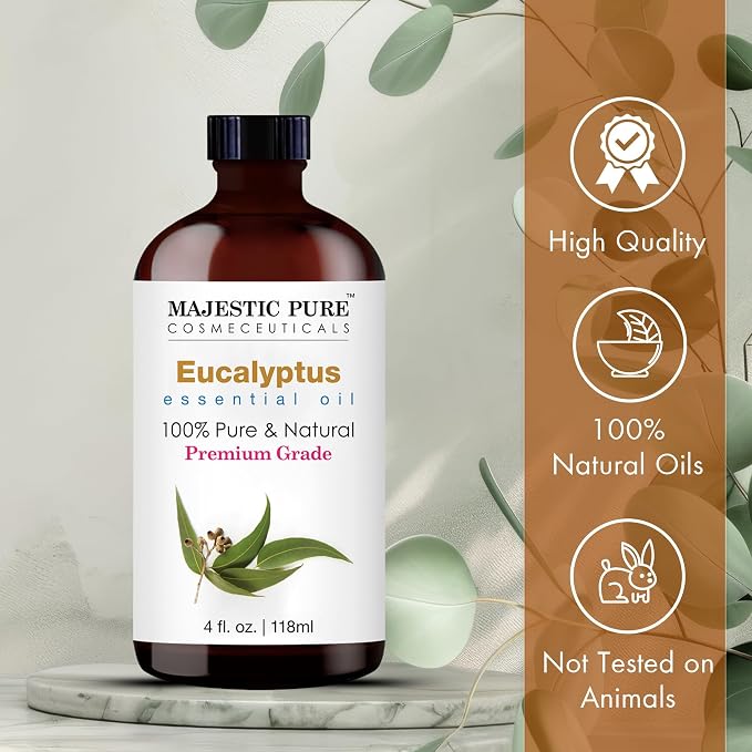 Majestic Pure Eucalyptus Essential Oil for Diffuser - 4 Fl Oz | 100% Pure and Natural Eucalyptus Oil for Aromatherapy, Humidifier, Air Freshener, Soap & Candle Making, Bath & Massage