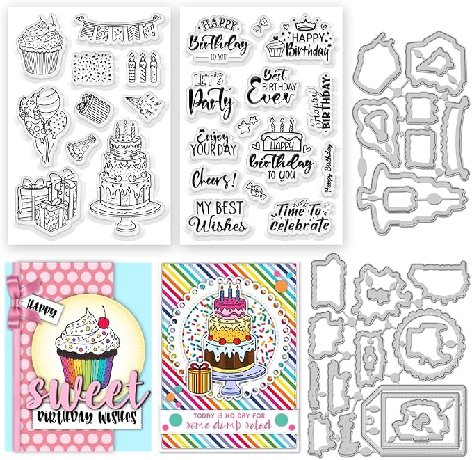 51Pcs Happy Birthday Clear Stamps and Dies for Card Making Metal Cutting Die Sets Birthday Wishes Cake Gift Die Cuts for DIY Crafting Album Paper Scrapbooking