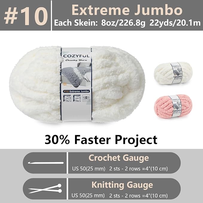 Cozyful Chunky Yarn for Hand Knitting - #10 Chunky Chenille Yarn, Jumbo Big Thick Chunky Yarns for Crocheting, Super Bulky Chunky Knit Blanket Yarns, 8 Skein (22yd, 8oz/Skein), Cream & Pink