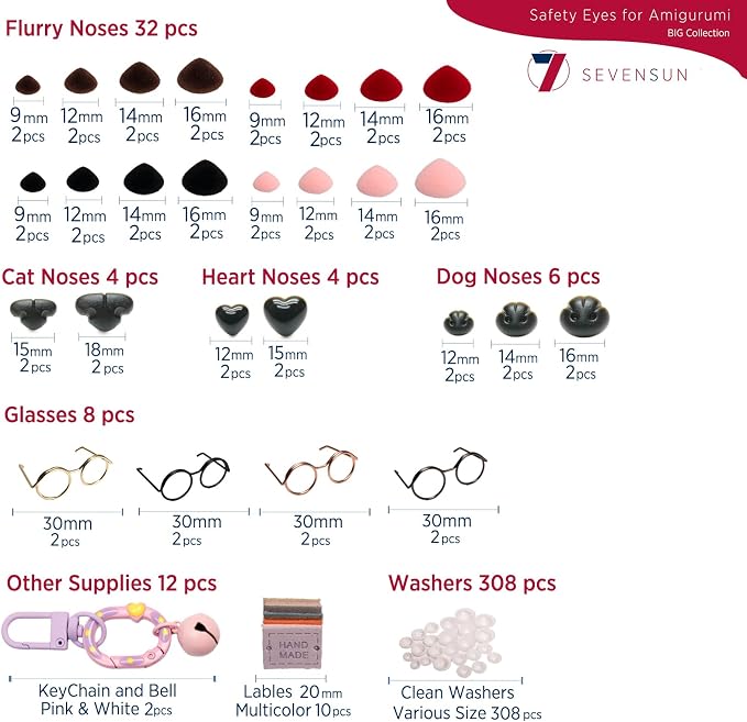 SEVENSUN 636 PCS Safety Eyes for Crocheting, Crochet Safety Eyes and Noses for Amigurumi Crochet Animals Craft Doll Eye Glasses