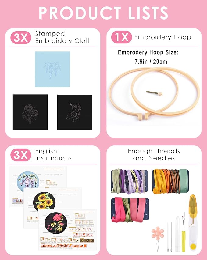 TINDTOP Embroidery Kit for Adult, Ribbon Embroidery Kit for Beginners | for Craft Lover Hand Stitch with Embroidery Skill Techniques (FLowers)