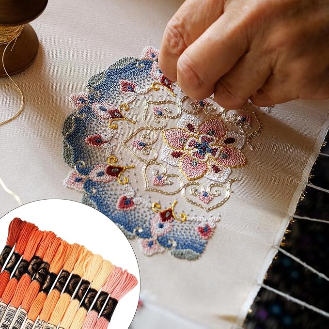 105 Yards 12 Skeins Gradient 6 Strands Orange Red Variegated Embroidery Thread Friendship Bracelet String Polyester Cross Stitch Floss Threads Assorted Bulk Set for Hand Sewing Making Supply