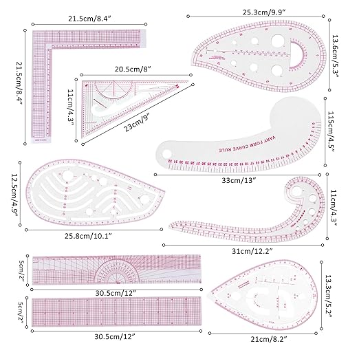 Fashion Clear Metric Sewing Ruler Set,French Curve Pattern Rulers for Beginners, Tailors, Designers, Quilting, Embroidery, Cross Stitch, Crochet, Knitting 9pcs (9-Piece Set)