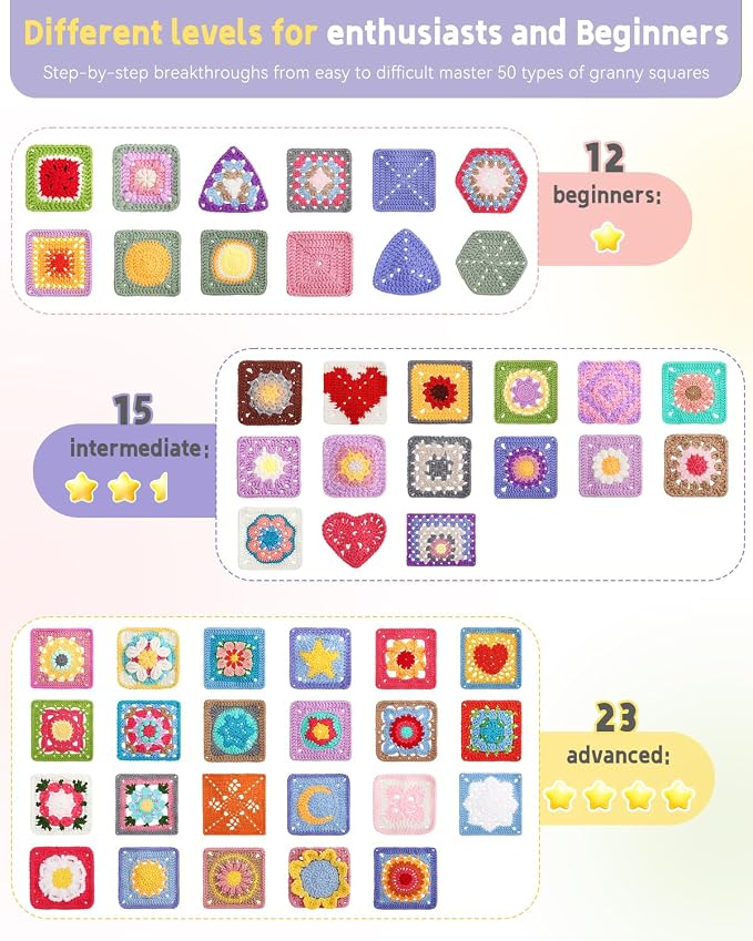 Katech Crochet Kit for Beginners, 50 Floral Granny Square Kits for Adults