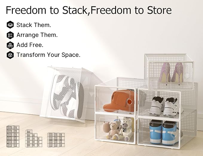 Kuject XX-Large Shoe Storage Boxes 12 Pack, Clear Stackable Shoe Organizer