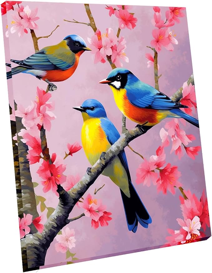 Wooden Framed Paint by Numbers DIY Acrylic Painting Kit for Kids & Adults Beginner – 16" Wx12 L Colorful Bird Pattern