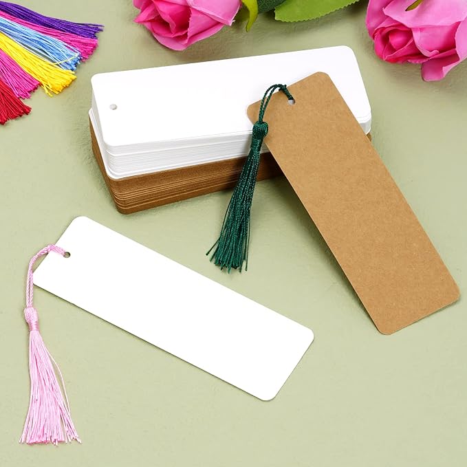 choyaxo 120 Pcs Kraft Paper Blank Bookmarks with 100 Pcs Colorful Tassels Paper Bookmarks for DIY Art Projects, School Supply, Gifts Tags 5.5x2 inch (120)