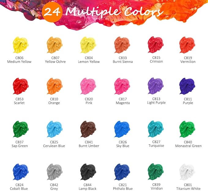 Caliart 24 Colors Acrylic Paint Set with 12 Brushes | Craft Painting kit for Adults Artists Beginners, Halloween Pumpkin Canvas Wood Rock Ceramic Fabric Art Supplies Paints