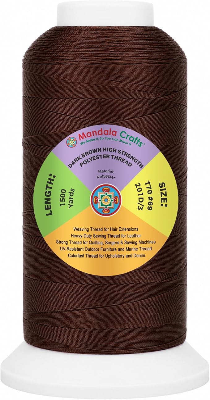 Mandala Crafts Dark Brown Tex 70 Polyester Heavy Duty Thread for Upholstery | 1500 Yds T70 UV Resistant Strong Thread for Leather Sewing, Marine, Drapery, Jeans, Hair Weaving & Extension, Outdoor