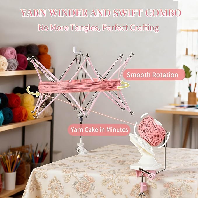 SPEENSUN Yarn Winder and Swift Combo, 3.5OZ Cake Maker & Umbrella Set, Pink | Easy Install Knitting Spinner, Turns Hanks into Tidy Skeins, Adjustable Multi-Angle Design, Fits Below Size 5
