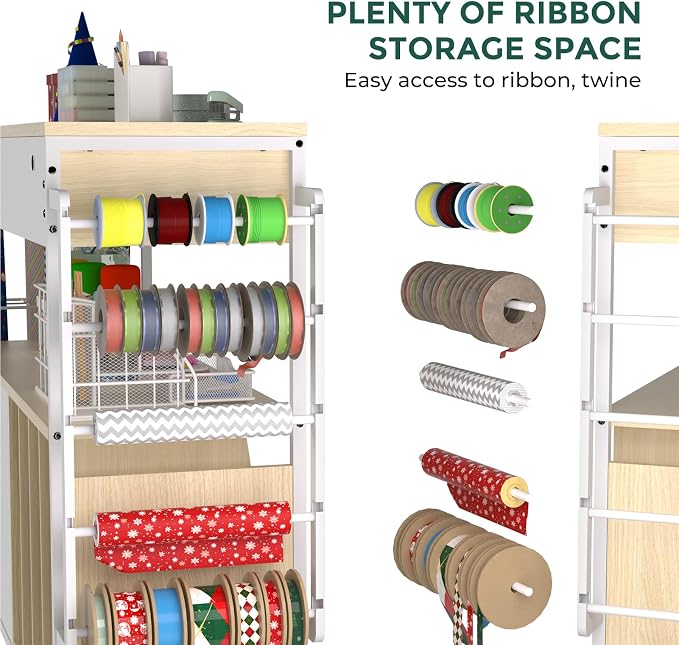 Wrapping Paper Storage & Organizer, Craft Cart with Ribbon & Gift Bag Storage, Wrapping Paper Organizer Holder(3 Wooden Drawers- Oak)