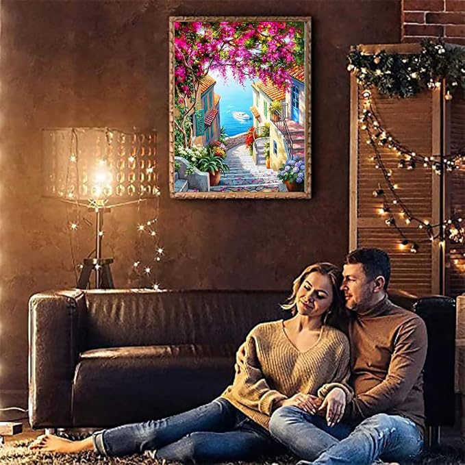 VIGEGU Paint by Numbers Kit for Adults with Framed,Seaside City Landscape Paint by Number DIY Adult Paint by Number Kits Acrylic Oil Painting for Wall Decor 10x12in