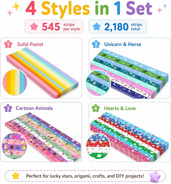 2180 Sheets Stars Paper Strips, 4 Packs Double Side Origami Star Paper, Lucky Star Strips Star Origami Paper for Adult DIY / Hand Craft（Macaron colors)