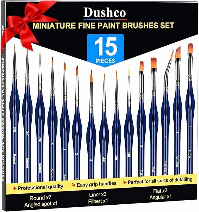 15pcs Detail Paint Brushes Set for Acrylic Watercolor & Paint by Numbers | Wooden Handle, Anti-fatigue Triangular Grip, Multiple Brush Sizes, Miniatures, Models, Nail art, Rock and Face painting