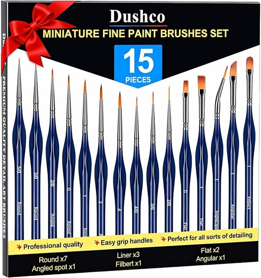 15pcs Detail Paint Brushes Set for Acrylic Watercolor & Paint by Numbers | Wooden Handle, Anti-fatigue Triangular Grip, Multiple Brush Sizes, Miniatures, Models, Nail art, Rock and Face painting