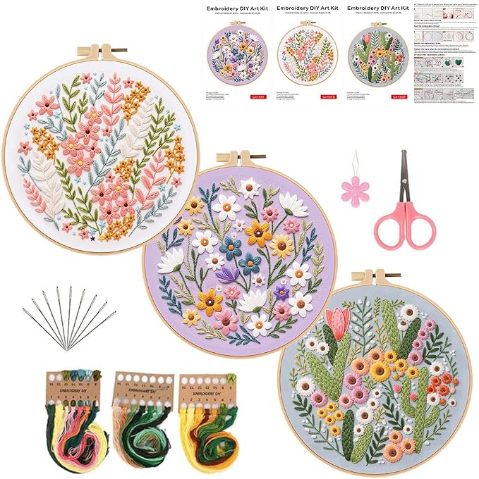 Konrisa Blossoms Embroidery Kit for Adults Beginners, Floral Stamped Embroidery Starter Kit DIY Sewing Practice, Needlepoint Cross Stitch Set of 3