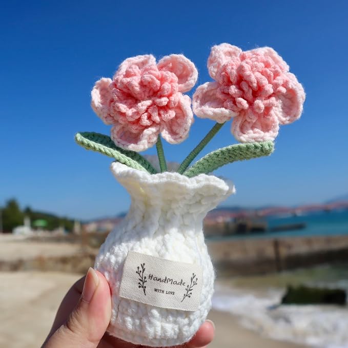 Crochet Paris Polyphylla Flower Pot Handmade Knitted Desk Decor Pink Potted Plant for Home Office