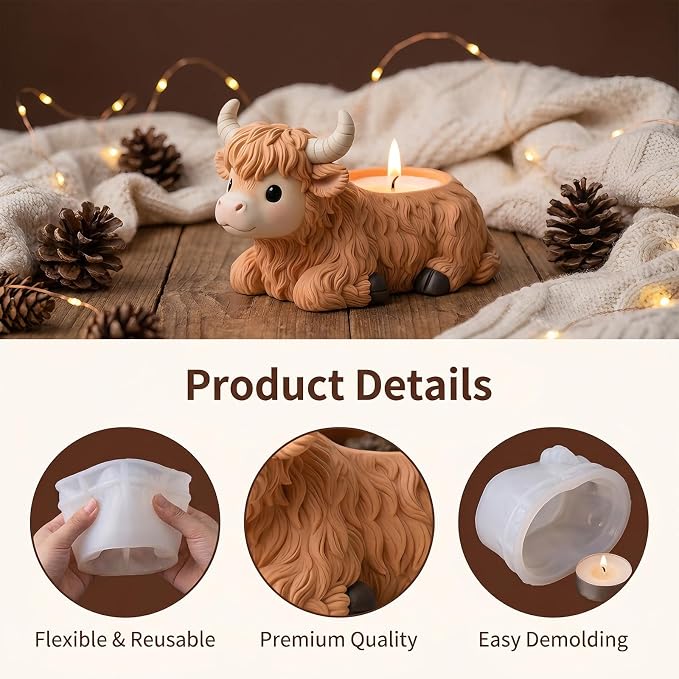 1Pcs Highland Cow Flower Pot Silicone Mold 3D Cow Shape Resin Epoxy Casting Mold for DIY Home Decor Candle Holder Pen Holder Storage Box Plaster Craft Making