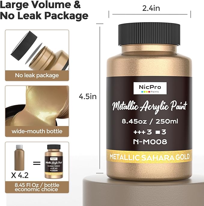 Nicpro Metallic Sahara Gold Acrylic Paint, 8.45oz/250ml Gold Leaf Paint | Large, Non Toxic, Non Fading Gold Paints for Metal, Wood, Craft, Clay, Fabric, Canvas, Furniture, Handcrafts, Art Supplies