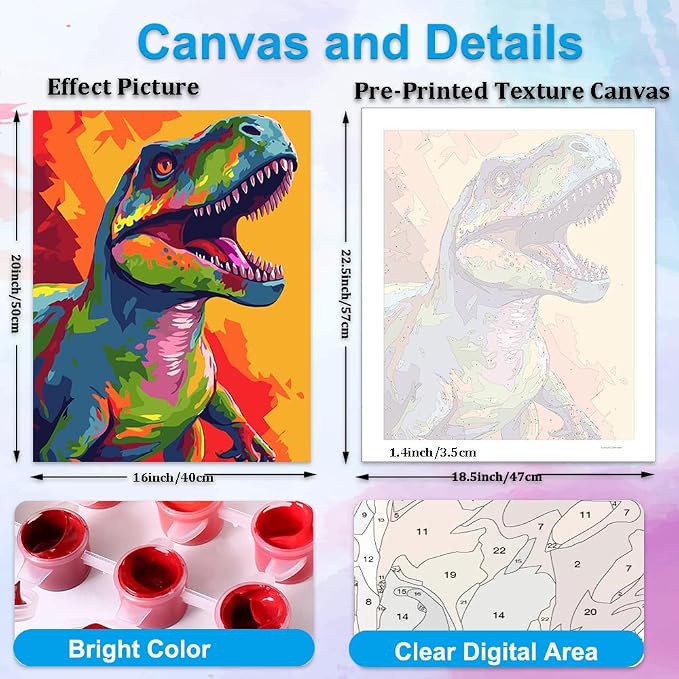 Artunion Colorful Dinosaur Paint by Numbers for Adults Beginner, Animal Paint by Number Kits, DIY Oil Painting Paint by Number Kits on Canvas Arts Craft for Home Wall Decor 16x20 Inch