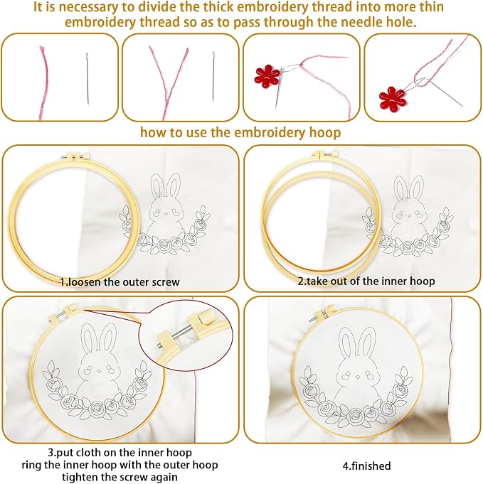 BEUNITONE 6Pcs Easy Embroidery Kit for Adults Beginners, Simple Cross Stitch Starter Set for Beginners, Cute Animal Rainbow Butterfly DIY Craft Activity for Home Decor and Festival Gifts 20x20cm