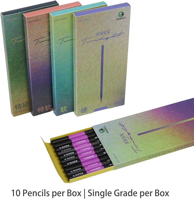 Marie's Charcoal Pencils for Drawing, 10 Pieces, Extra Hard Hard Medium Soft Extra Soft, Sketching Pencils for Artists, Smooth Charcoal Core for Layering, Blending and Detailed Artwork(Medium)