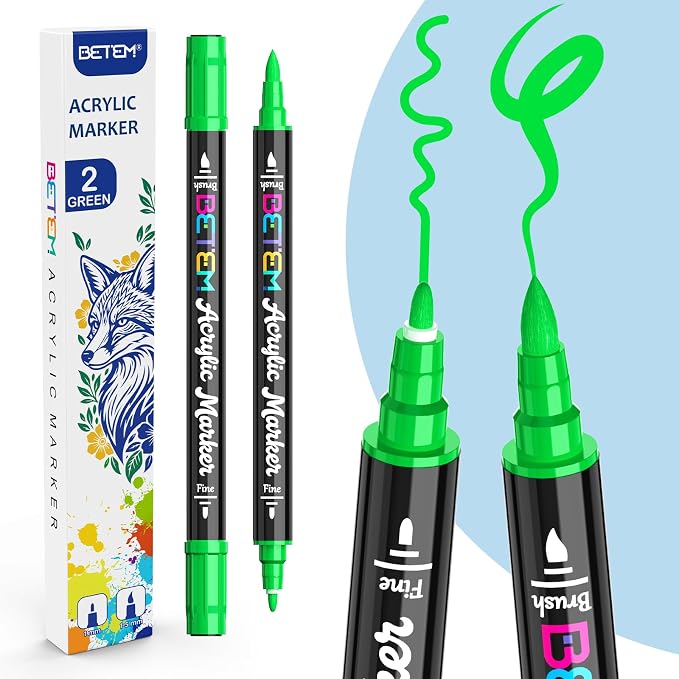 Betem 2 Paint Markers for Glass, Dual Tip Acrylic Paint Pens, Green | Window, Fabric, Wood, Rock, Canvas, Acrylic Markers with Fine & Brush Tip, Art & Craft Supplies, Wine Glass Markers
