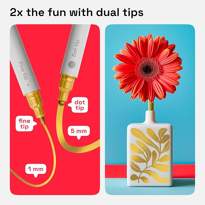 ARTISTRO Gold Dual-Tip Acrylic Paint Pens - Set of 2 | 5mm Dot + 1mm Fine Tips, Multisurface Markers, Perfect for Glass, Rock, Fabric, Wood, Plastic, & More