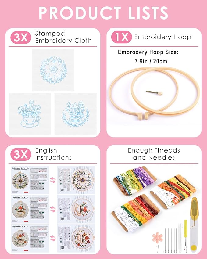 TINDTOP Embroidery Kit for Adult, 3 Pack Embroidery DIY Starter Kit, with Stamped Patterns, Hoop, Tools, Colorful Threads with Needles, Instructions (Flower Cup) | with Stamped Patterns, Hoop, Tools, Colorful Threads with Needles, Instructions (Flower ...