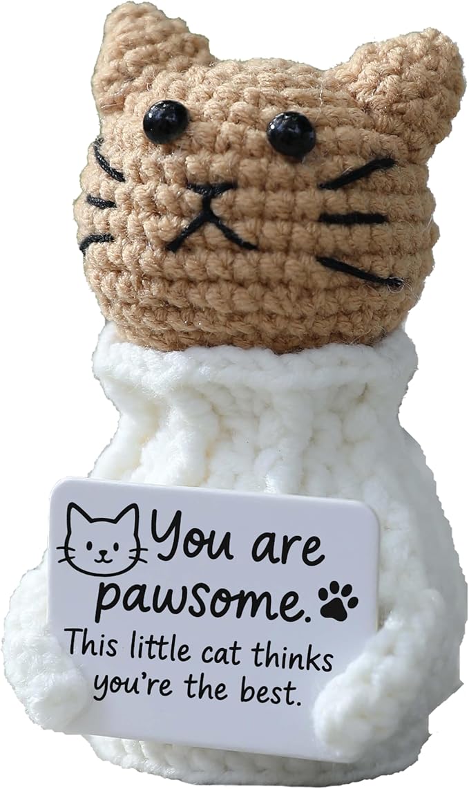 Positive Crochet Animals Cat – “You are Pawsome” Valentines Day Crochet Gift for Her Teens Women Adults Mom, Emotional Support Animal, Teacher Appreciation, Birthday Gift, Desk & Home Decor