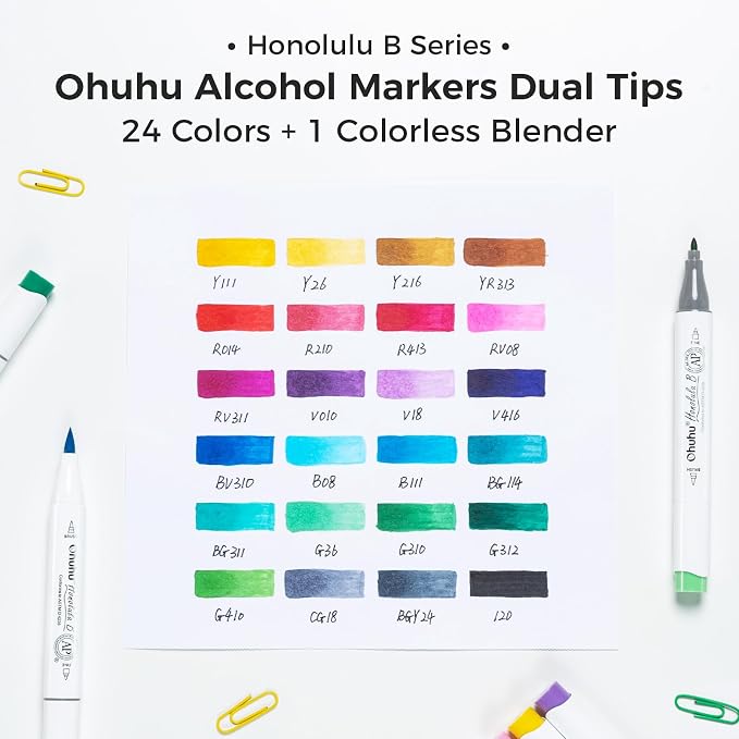 Ohuhu Alcohol Markers Brush& Fine 24 Colors for Adult Coloring AP Certified