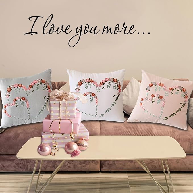 Crewel Pillow Case Embroidery Kit, Heart Shaped Loving You Floral Stamped Pattern Kits for Audlt Beginners, Works Crafts Throw Pillow Cover Great Gift for Loved Ones, 18 x 18'' (Coral)