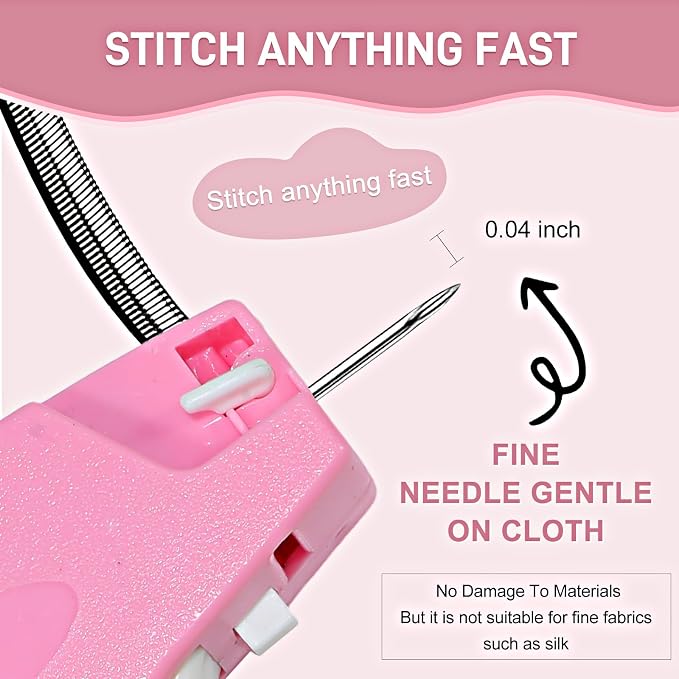 2026 New Stitch Gun for Clothes, Handheld Quick Clothing Fixer Sewing Kit with 1000 Black & 1000 White Fasteners, 6 Replacement Needles, Bright Pink