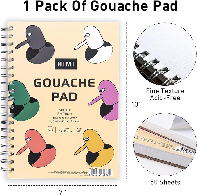 HIMI Gouache Pad 7X10''(98lb/160g) 50 Sheets Mix Paper Pad, Side Wire Bound, Fine Texture, in Gouache Acrylic Art Pad for Sketching, Ink Sketch Book, Art Supplies Drawing Pad Gift （Bird）