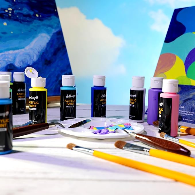 Artkey Acrylic Paint Set, 16 Colors 2 oz/59 ml Acrylic Paint Kit for Professional Artists & Beginners – Van Gogh Inspired “The Burning Sun” Palette for Canvas, Wood, Fabric, Rock, Leather, Ceramic, Glass