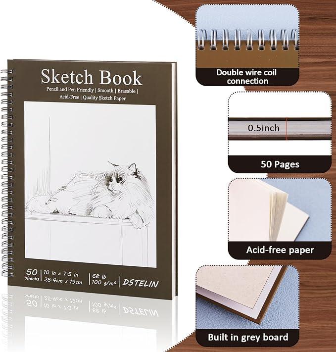 DSTELIN 10 x 7.5 Inch Spiral Bound Sketch Book for Drawing, 50 Sheets 68LB/100GSM Acid-Free Paper, Hardcover Sketch Pad for Students and Adults