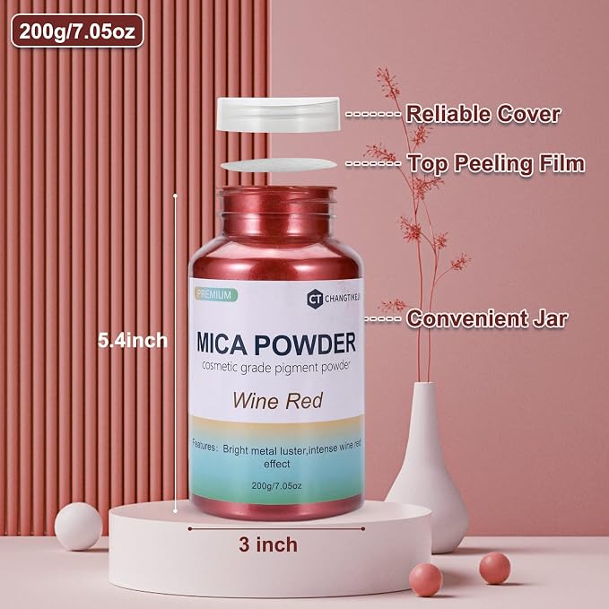 Mica Powder,7.05OZ（200g）,Wine Red Mica Powder Pigment for Epoxy Resin，Lip Gloss，Paint，Dye，Soap Making，Nail Polish,Candle Making,Bath Bombs(Wine Red)