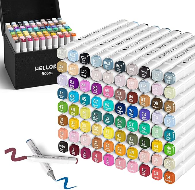 WELLOKB Alcohol Markers, 60 ColorsDual Brush Tip Permanent Art Markers for Coloring, Illustrations, Alcohol, Based Ink Ideal for Book Painting and Card Making