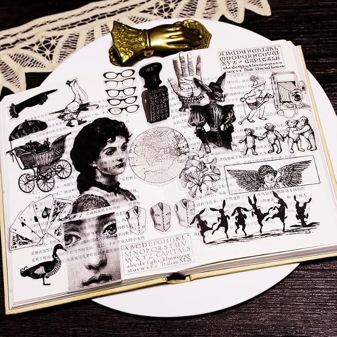 CATaireen Vintage Junk Journal Ephemera Scrapbooking Supplies Translucent Vellum Paper Stickers Card Making Decal Art Aesthetic for Adults (Character Dark -3)